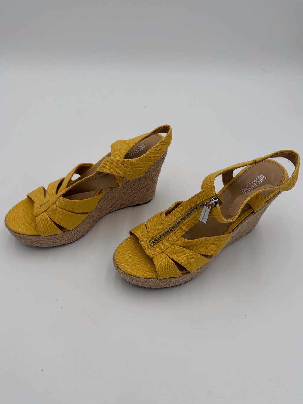 NEW Michael Kors Berkeley Mustard Yellow Espadrille Zip Up Wedge Sandals Sz 9